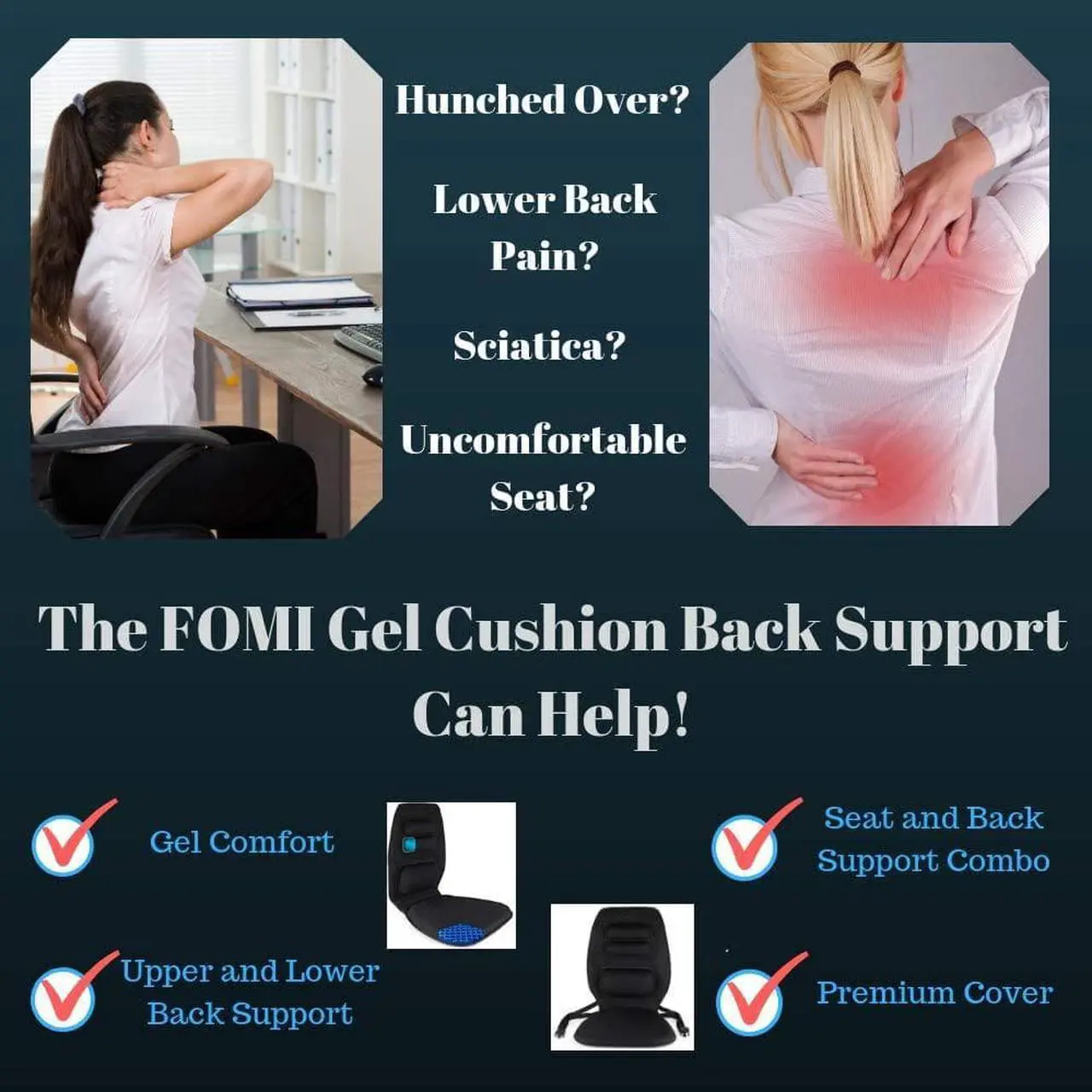 Alt view image 5 of 7 - FOMI Premium Gel Cushion and Firm Back Support | Seat Cushion Pad and Upper Lower Thoracic and Lumbar Pillow for Car, Office Chair | Pressure Sore, Coccyx Pain Relief | Posture Aid (Grid Gel)