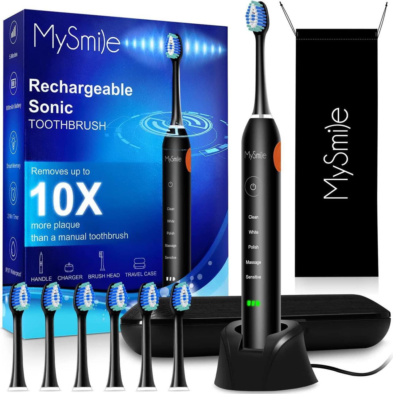 Main image of MySmile Electric Toothbrush for Adults, Rechargeable Sonic Electronic Toothbrush with 6 Brush Heads and Travel Case, 2 Mins 5 Modes Smart Timer, 48000VPM (Black)