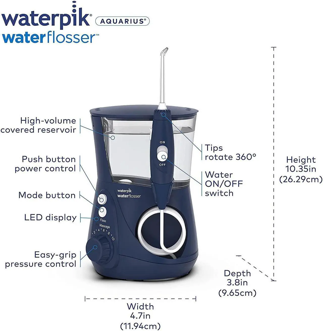 Alt view image 4 of 7 - Waterpik Aquarius Water Flosser Professional For Teeth, Gums, Braces, Dental Care, Electric Power With 10 Settings, 7 Tips For Multiple Users And Needs, ADA Accepted, Blue WP-663