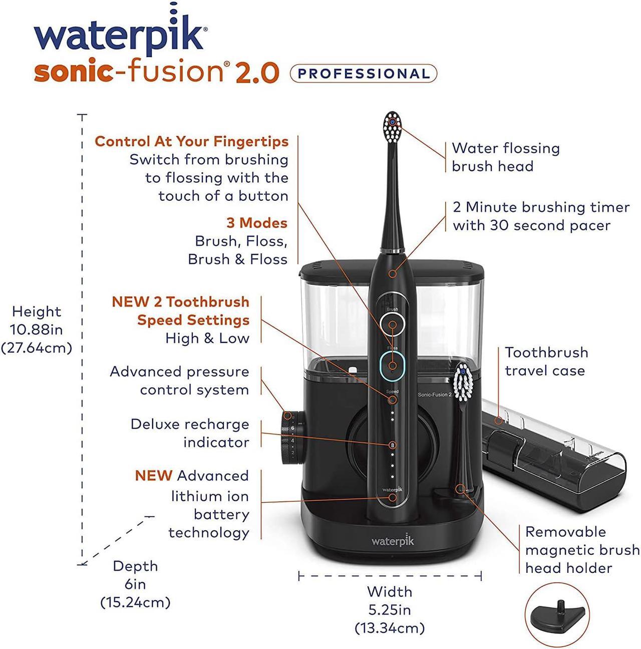 Alt view image 4 of 7 - Waterpik Sonic-Fusion 2.0 Professional Flossing Toothbrush, Electric Toothbrush and Water Flosser Combo In One, Black
