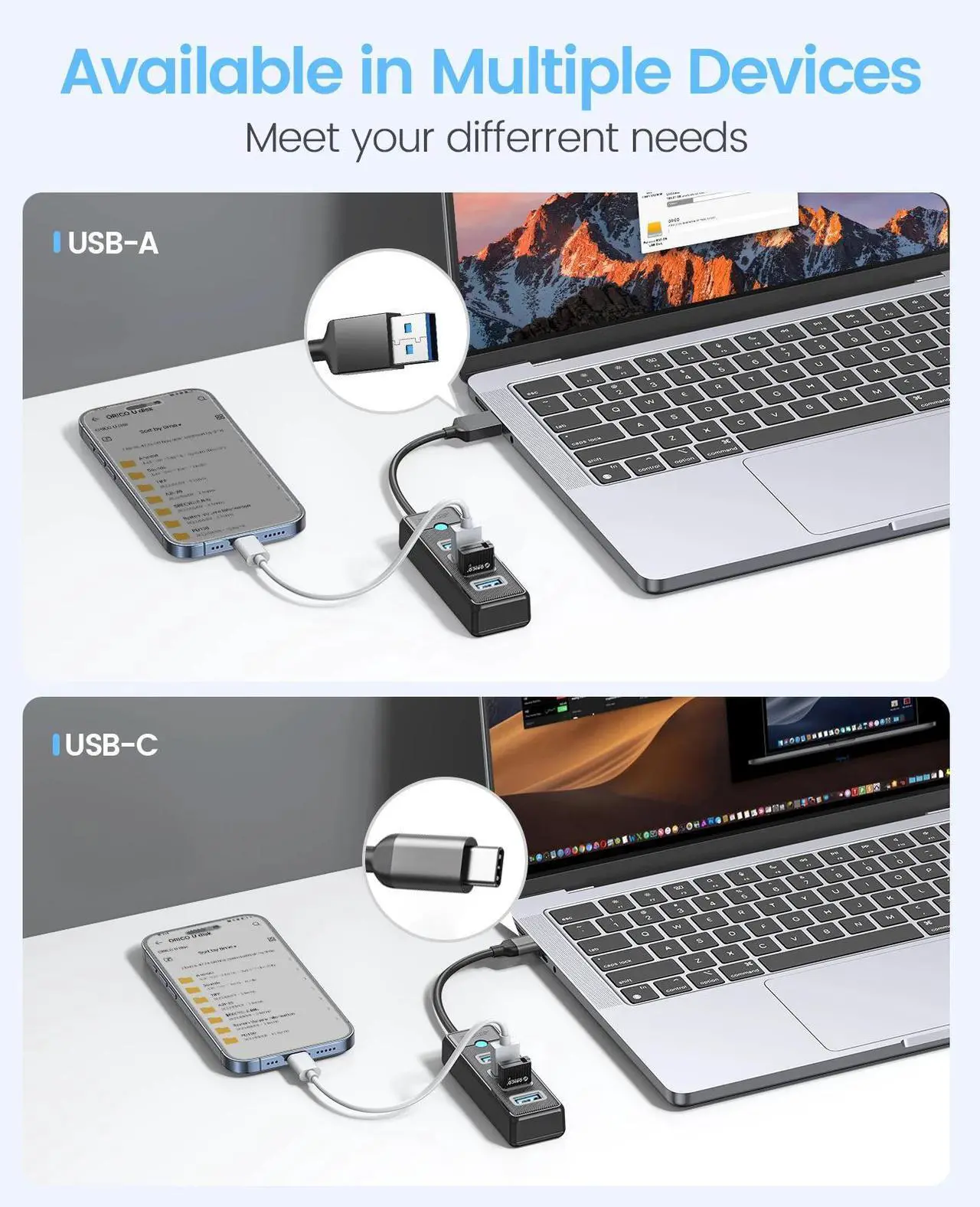 Alt view image 6 of 6 - ORICO 4 Ports USB 3.0 HUB 5Gbps High Speed Multi Type C Splitter Ultra-Slim OTG Adapter For PC Computer Accessories Macbook Progolden usb 3.0 C 180cm USB A