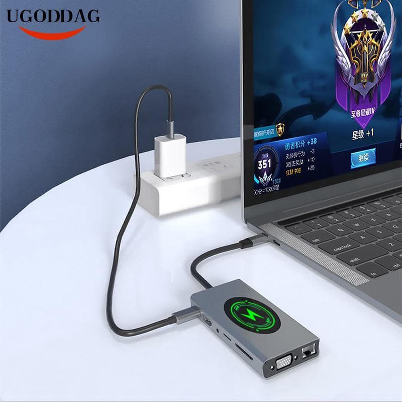 Alt view image 3 of 6 - Multifunction USB Type C To HDMI Wireless Charging USB 3.0 Adapter Type C HUB Dock For MacBook Pro Air USB C Splitter Converter Color: Gray (Color 14 in 1 2HDMI)