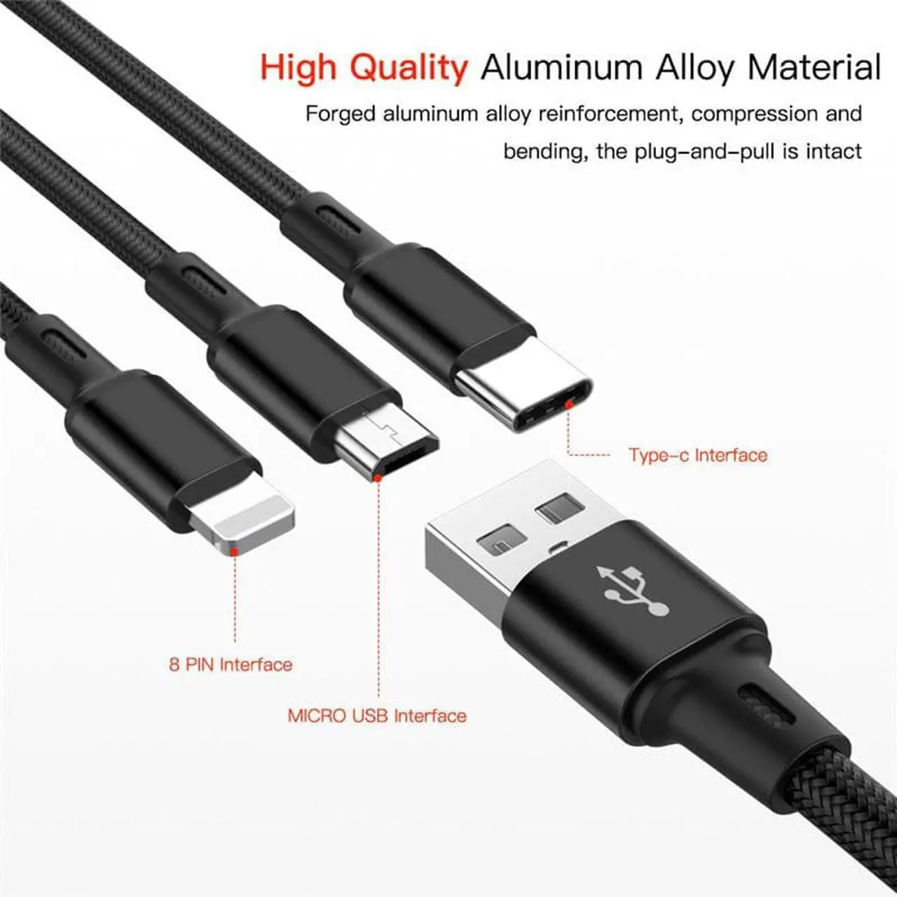 Alt view image 3 of 6 - USB Cable For iPhone 13 12 11 XS X 8 7 6 Charging Charger 3 in 1 Micro USB Cable USB Type C Mobile Phone Cables For Samsung S9 1.2M (red)