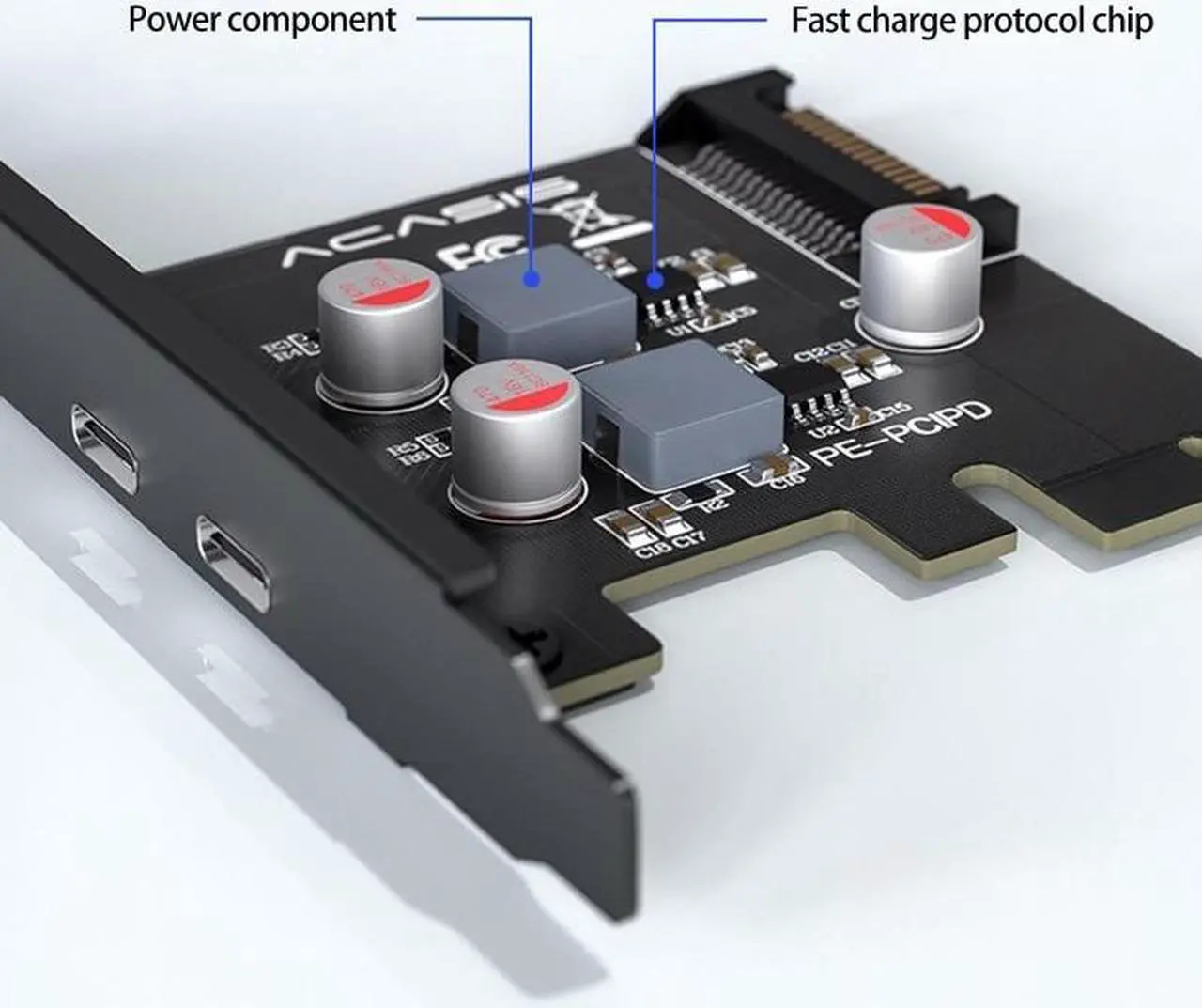 Alt view image 3 of 5 - PCI Express x1/x4/x8/x16 to Dual Port Type C Data Transfer PD 20W Quick Charge USB-C Controller PCI-E Type C Add on Card
