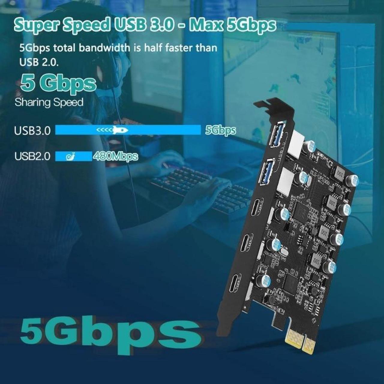 Alt view image 3 of 6 - 5-Port PCIe to USB 3.0 Card with 5Gbps Bandwidth 5 Ports (2 USB-A, 3 Type-C) Converter PCIE Splitter Adapter Card