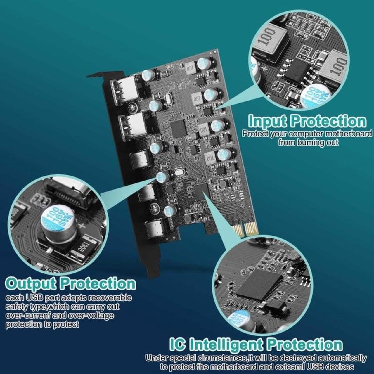 Alt view image 2 of 6 - 5-Port PCIe to USB 3.0 Card with 5Gbps Bandwidth 5 Ports (2 USB-A, 3 Type-C) Converter PCIE Splitter Adapter Card
