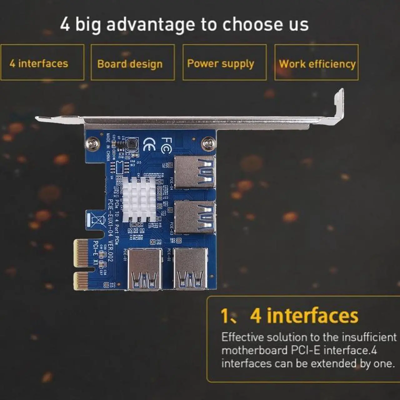 Alt view image 4 of 6 - 4 Port PCI-E Extender Riser PCI-E 1x to 16x USB 3.0 Data Cable 16X Slots Bitcoin Mining Card PCI-E Adapter For GPU Miner