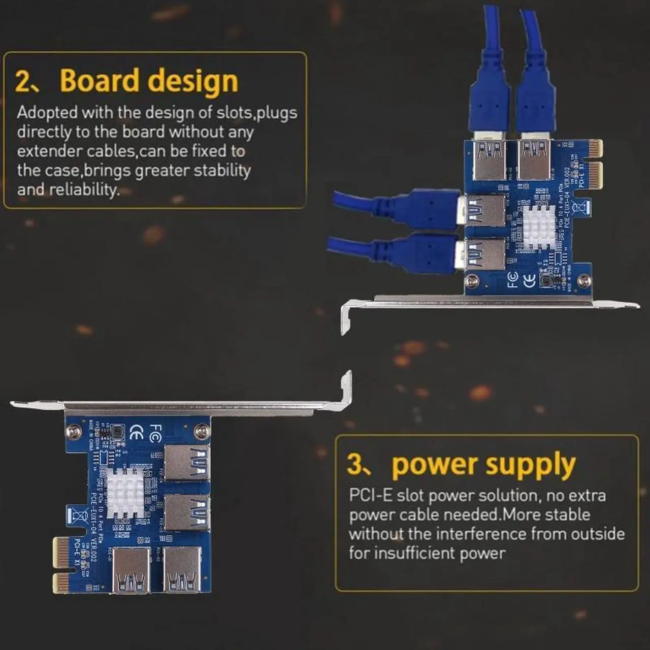 Alt view image 3 of 6 - 4 Port PCI-E Extender Riser PCI-E 1x to 16x USB 3.0 Data Cable 16X Slots Bitcoin Mining Card PCI-E Adapter For GPU Miner