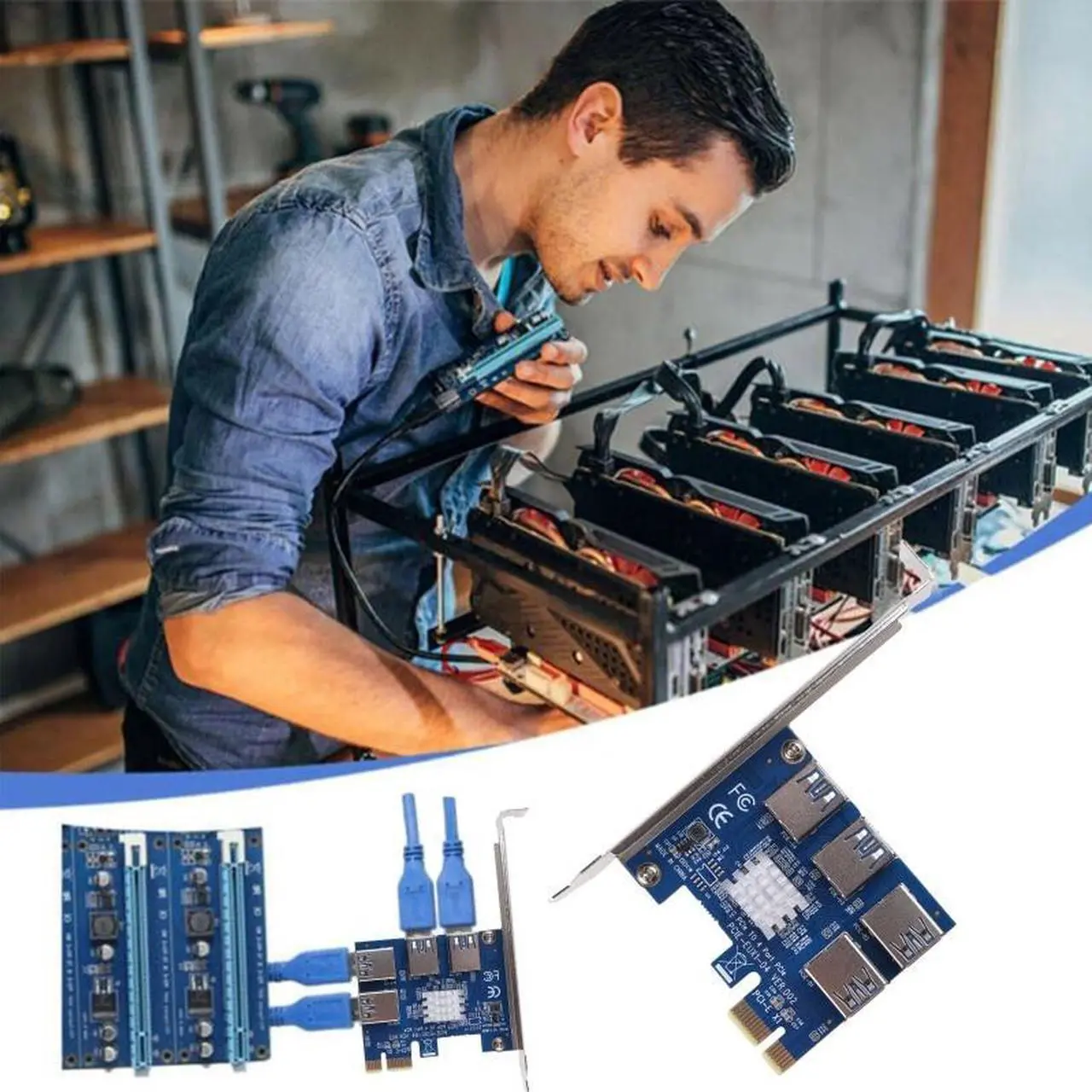 Alt view image 2 of 6 - 4 Port PCI-E Extender Riser PCI-E 1x to 16x USB 3.0 Data Cable 16X Slots Bitcoin Mining Card PCI-E Adapter For GPU Miner