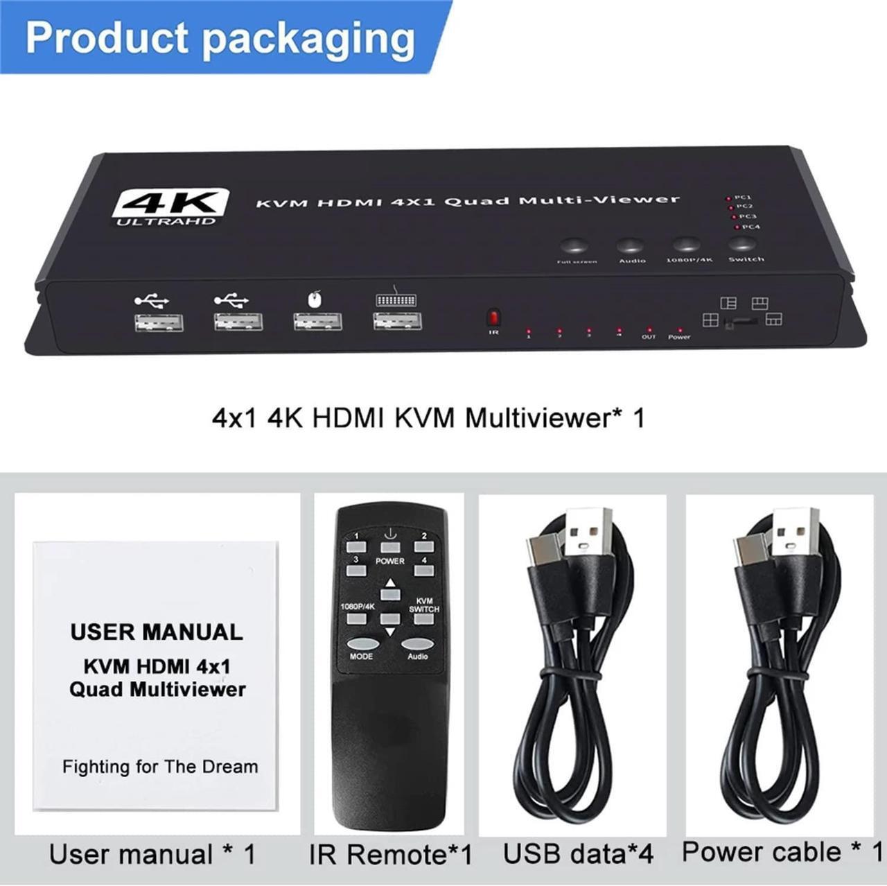 Alt view image 2 of 6 - 4K HDMI KVM Switch 4x1 Quad Multi Viewer 4 in 1 Out KVM HDMI Processor Screen Multiviewer Seamless for 4 PC Share Mouse Keyboard(AU Plug)