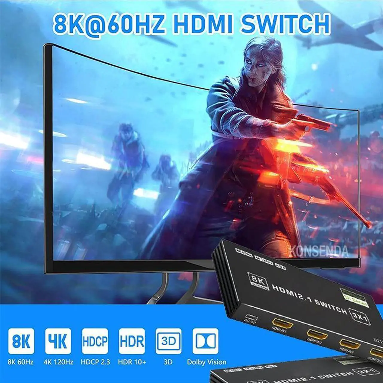 Alt view image 5 of 6 - 8K 60Hz HDMI 2.1 Switch 4x1 3x1 5x1 4K 120Hz HDMI Switch Selector Hub 4 in 1 out With IR Remote 8K 48Gbps for Xbox PS5 Projector(Switch 5x1)