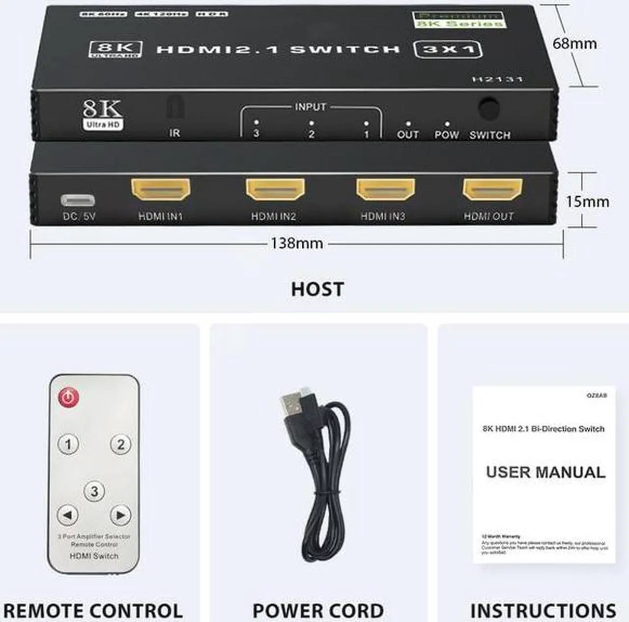 Alt view image 6 of 6 - 8K 60Hz HDMI 2.1 Switch 4x1 3x1 5x1 4K 120Hz HDMI Switch Selector Hub 4 in 1 out With IR Remote 8K 48Gbps for Xbox PS5 Projector(Switch 5x1)