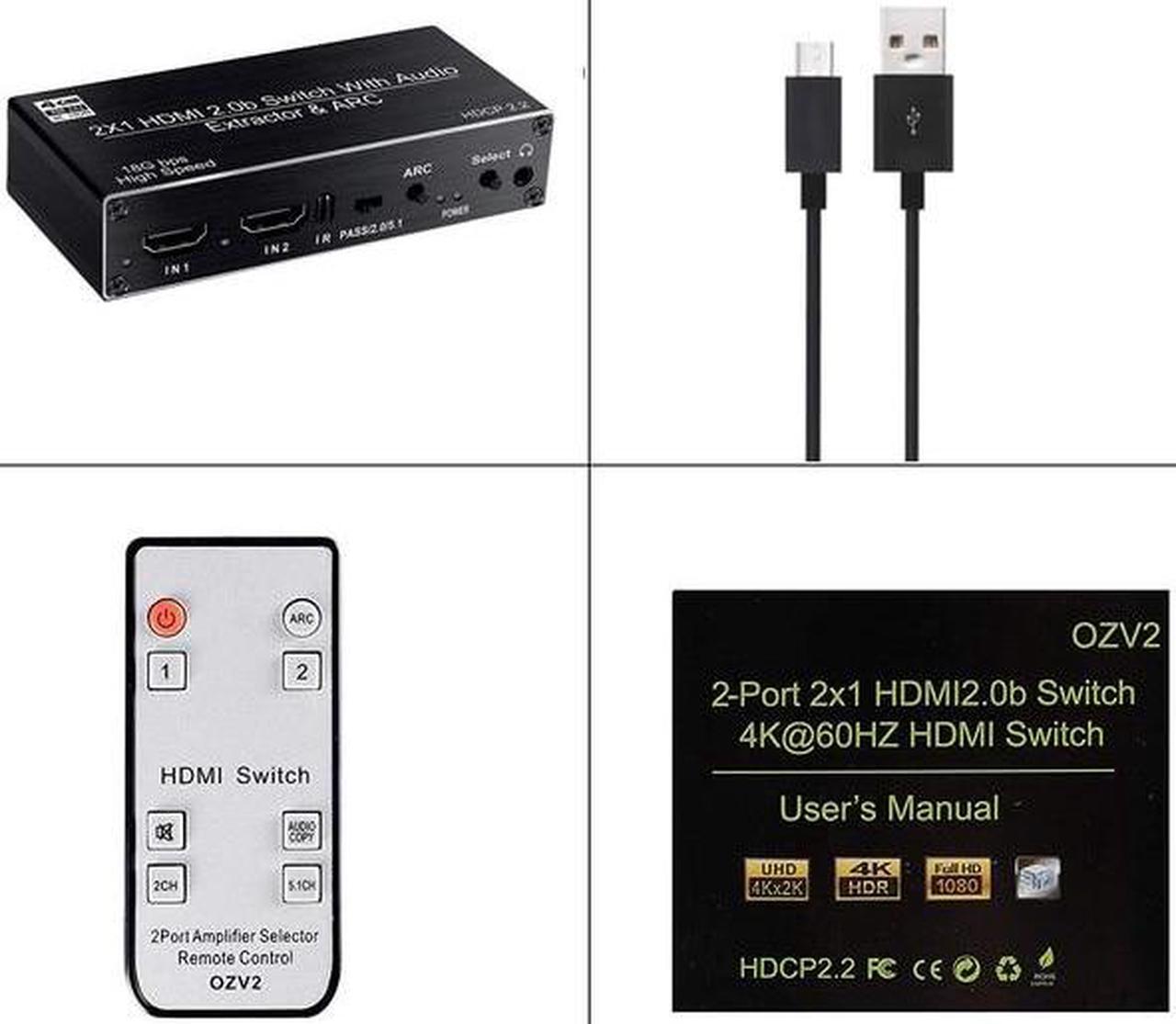 Main image of 4K HDMI Switcher Audio Extractor 2 in 1 Out Selector with R/L+Toslink SPDIF+COAXIAL Audio out HDMI ARC Audio Switch 2x1 Adapter(USB power cable)