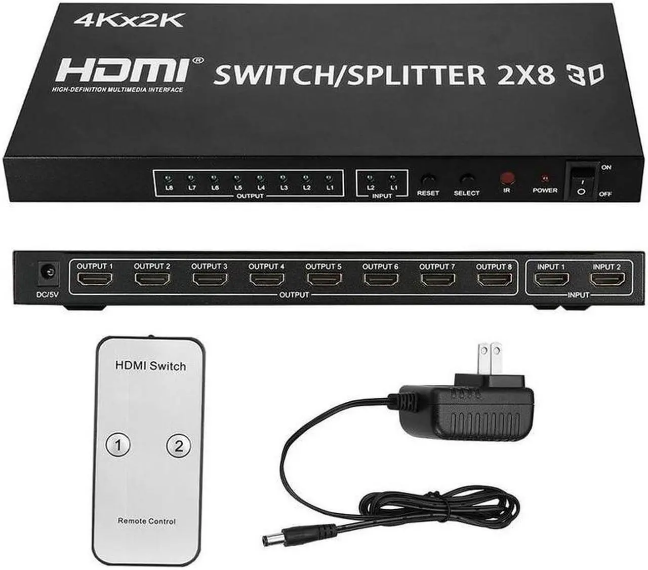 Alt view image 2 of 6 - 4K HDMI Swithch Splitter 2X8 HDMI Switch 2 in 8 out video convert HDMI Splitter 1 to 8 Screen Display for LED TV PC PS4 Monitor(US Plug)