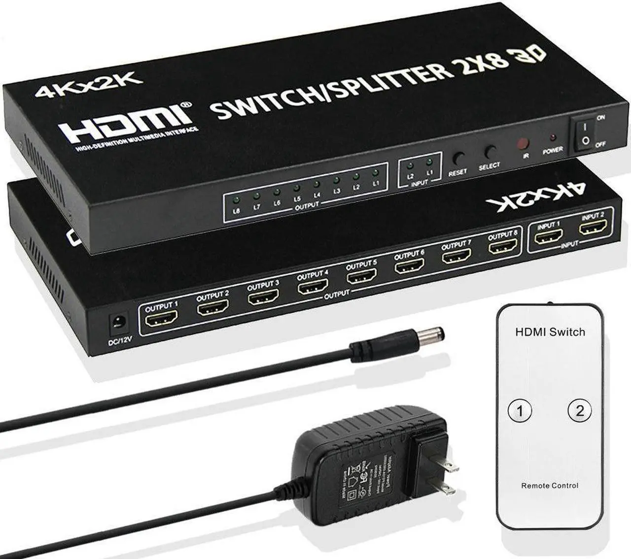 Alt view image 3 of 6 - 4K HDMI Swithch Splitter 2X8 HDMI Switch 2 in 8 out video convert HDMI Splitter 1 to 8 Screen Display for LED TV PC PS4 Monitor(US Plug)