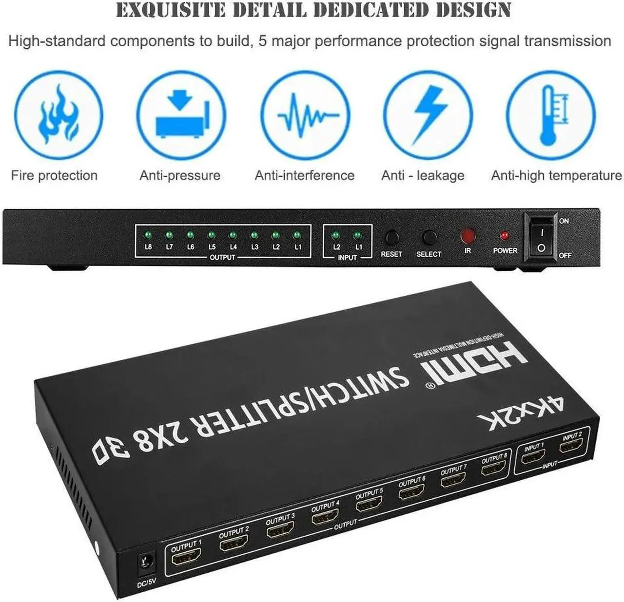 Alt view image 6 of 6 - 4K HDMI Swithch Splitter 2X8 HDMI Switch 2 in 8 out video convert HDMI Splitter 1 to 8 Screen Display for LED TV PC PS4 Monitor(US Plug)