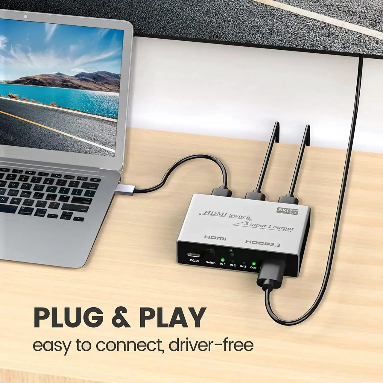 Alt view image 5 of 6 - 8K HDMI 2.1 Switch 3 In 1 Out 8K@60Hz HDMI 2.1 Switch 2x1 3x1 Selector Box with IR Remote Support 48Gbps HDR HDCP2.3 for PS5 TV(8K 3X1 Switch)