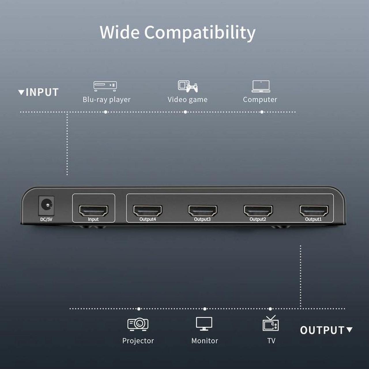Alt view image 5 of 6 - 4K 60Hz HDMI Splitter 1 In 4 Out Ultra HD HDMI Video Distributor 1x4 Converter V2.0b HDCP 2.2 for PS4 TVBox PC Monitor Projector(UK Plug)
(4K 60Hz 1x4)