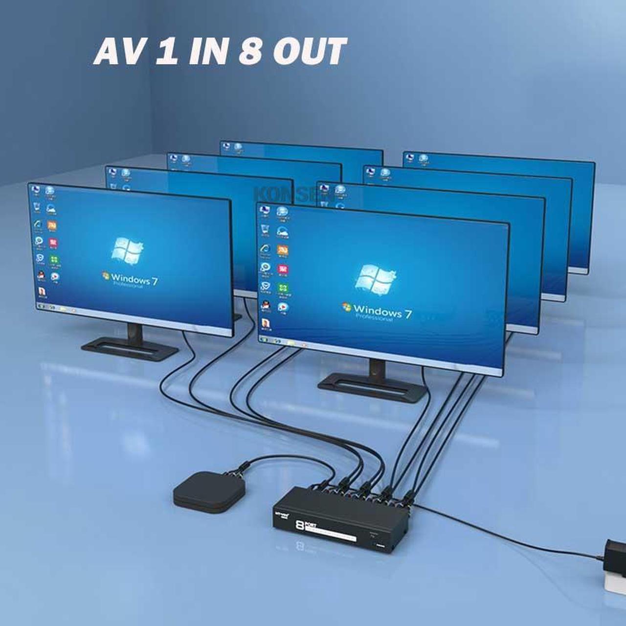 Alt view image 4 of 6 - 8 Port AV Splitter 1 In 8 Out RCA Video Audio Splitter 1x4 1x8 Box 8 Way CVBS RCA Video Audio Distributor Splitter Not Switch(with US Plug)(Splitter 1x8)