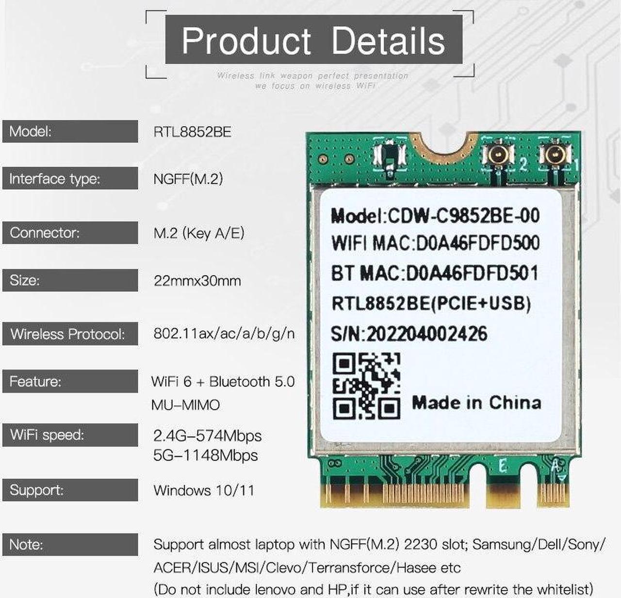 Alt view image 2 of 6 - Wifi 6 Realtek RTL8852BE Network Card 1800Mbps BT 5.0 Dual Band Wireless Wi-Fi Adapter 802.11ac/ax 2.4G/5Ghz MU-MIMO For Win 10