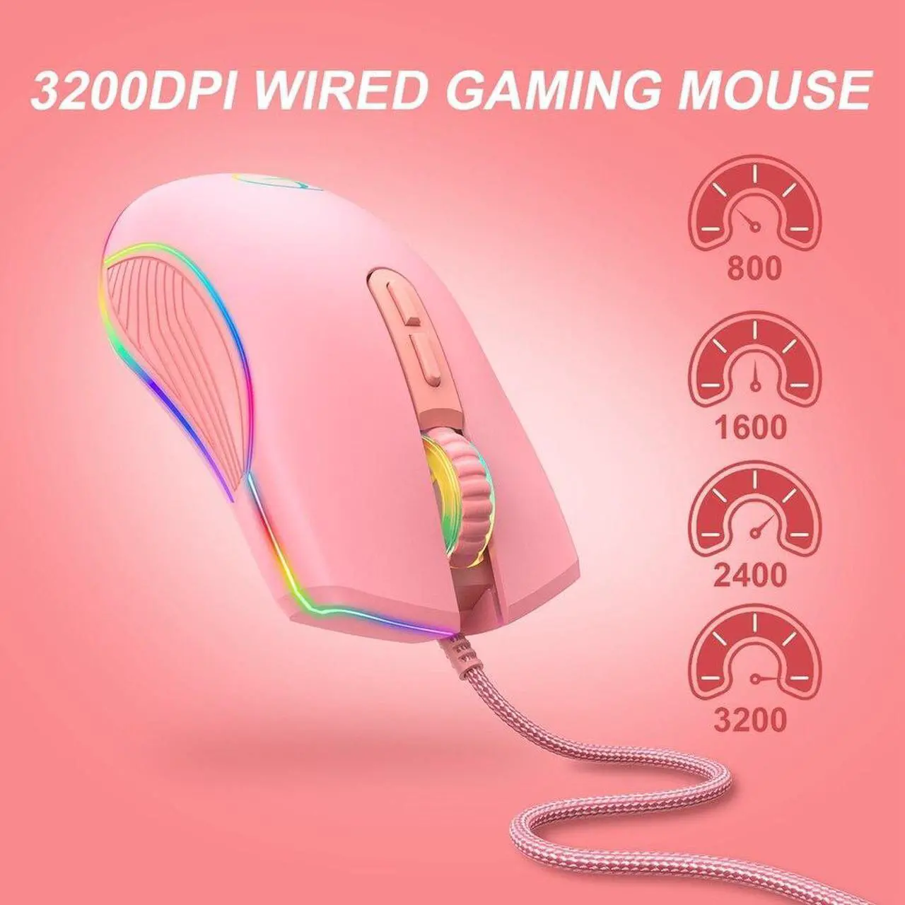 Alt view image 5 of 6 - 3200 DPI USB Gaming Mouse Computer Wried Optical Mice for PC Gamer RGB 4 Backlight Breathing LED, Pink USB Model