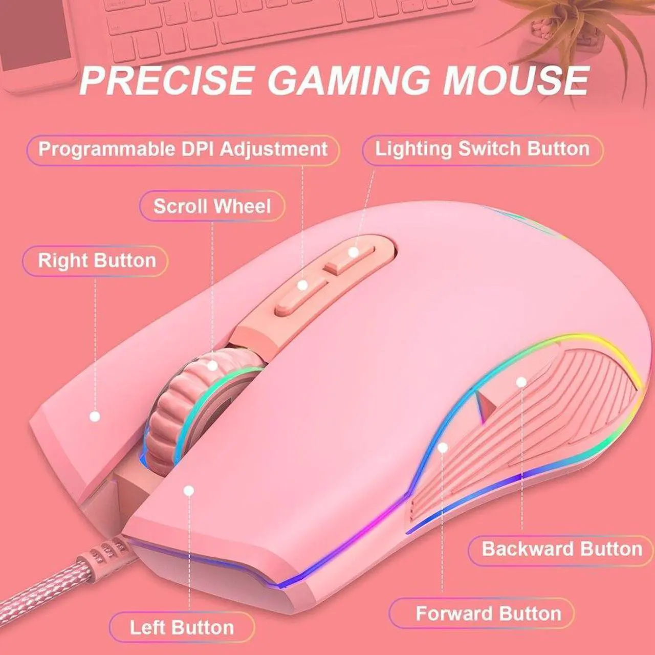Alt view image 4 of 6 - 3200 DPI USB Gaming Mouse Computer Wried Optical Mice for PC Gamer RGB 4 Backlight Breathing LED, Pink USB Model