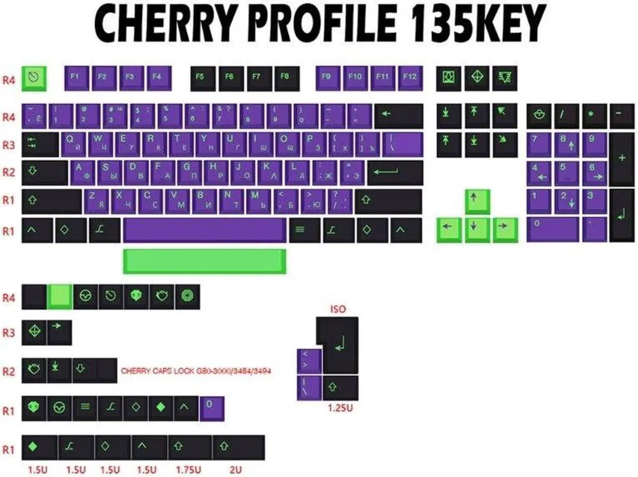 Alt view image 4 of 6 - PBT Keycaps 135 Keys Cherry Profile DYE SUB EVA Purple Keycap For Mechanical Keyboard Japanese Russian Korean English(Russian)