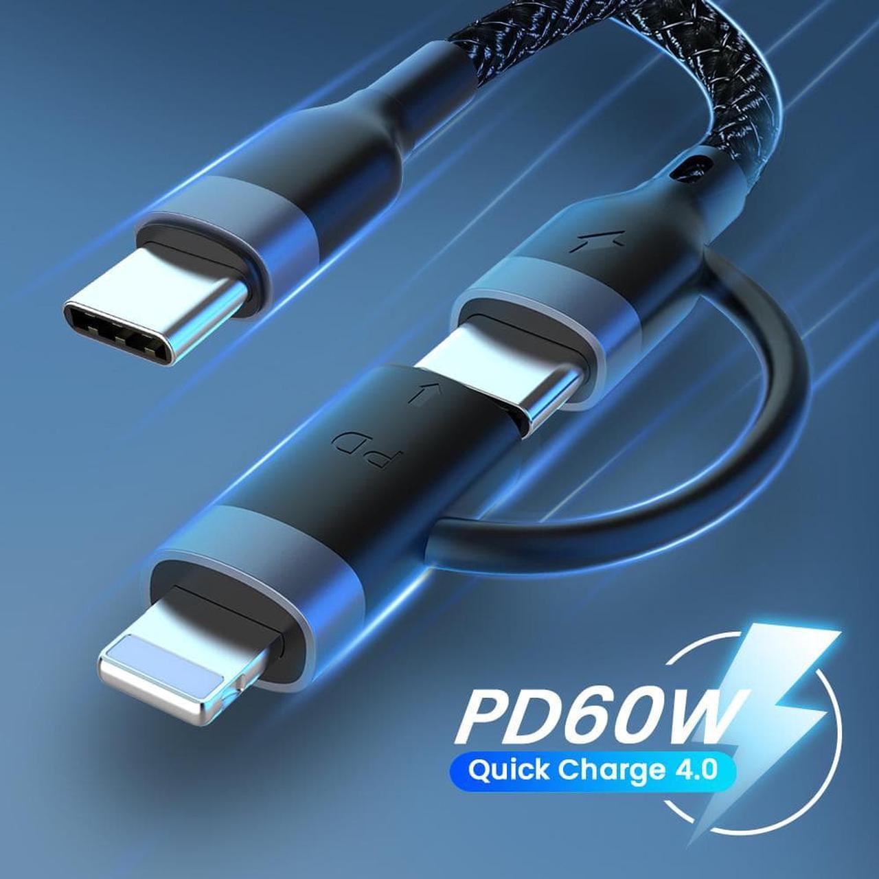Alt view image 2 of 6 - 2in1 60W/20W PD USB Type C Cable for iPhone 13 12 11 Pro XS XR Fast Charging Charger for MacBook Type C USB C Data Wire Cord 1m