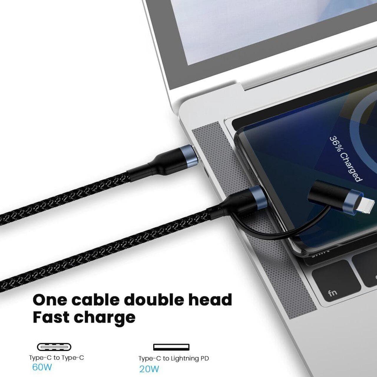 Alt view image 6 of 6 - 2in1 60W/20W PD USB Type C Cable for iPhone 13 12 11 Pro XS XR Fast Charging Charger for MacBook Type C USB C Data Wire Cord 1m