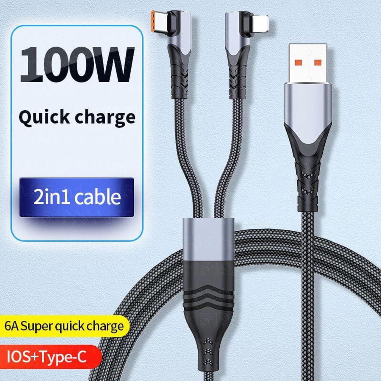 Alt view image 2 of 6 - 2in1 USB C Cable 6A 100W for Honor 50 Huawei P30 P40 Pro Quick Charge 2 in 1 USB Fast Charging Cable for iPhone 14 13 12 Pro Max 1.2M (Black 2in1)