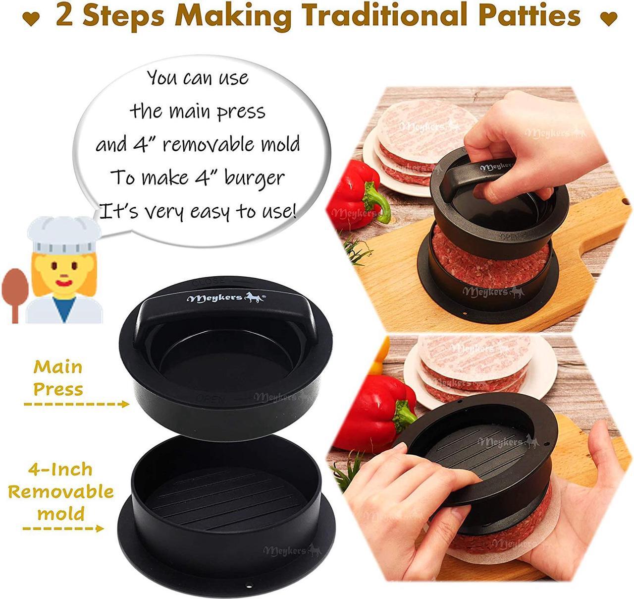 Alt view image 4 of 6 - Meykers Stuffed Burger Press with 100 Wax Papers - Hamburger Press Patty Maker Burger Stuffer Mold 3 in 1 for Making Slider or Quarter Lb or 1/3 Pound Cheeseburger - Best BBQ Grill Griddle Gift Idea