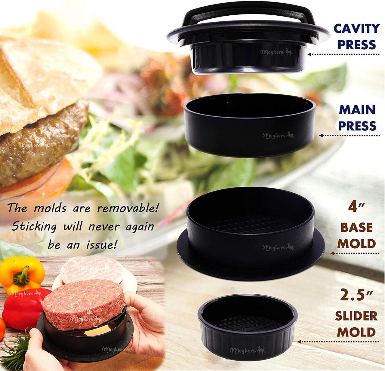 Alt view image 2 of 6 - Meykers Stuffed Burger Press with 100 Wax Papers - Hamburger Press Patty Maker Burger Stuffer Mold 3 in 1 for Making Slider or Quarter Lb or 1/3 Pound Cheeseburger - Best BBQ Grill Griddle Gift Idea