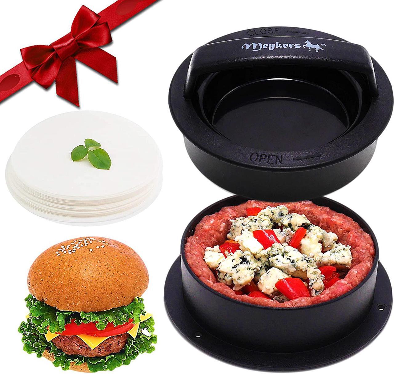 Main image of Meykers Stuffed Burger Press with 100 Wax Papers - Hamburger Press Patty Maker Burger Stuffer Mold 3 in 1 for Making Slider or Quarter Lb or 1/3 Pound Cheeseburger - Best BBQ Grill Griddle Gift Idea