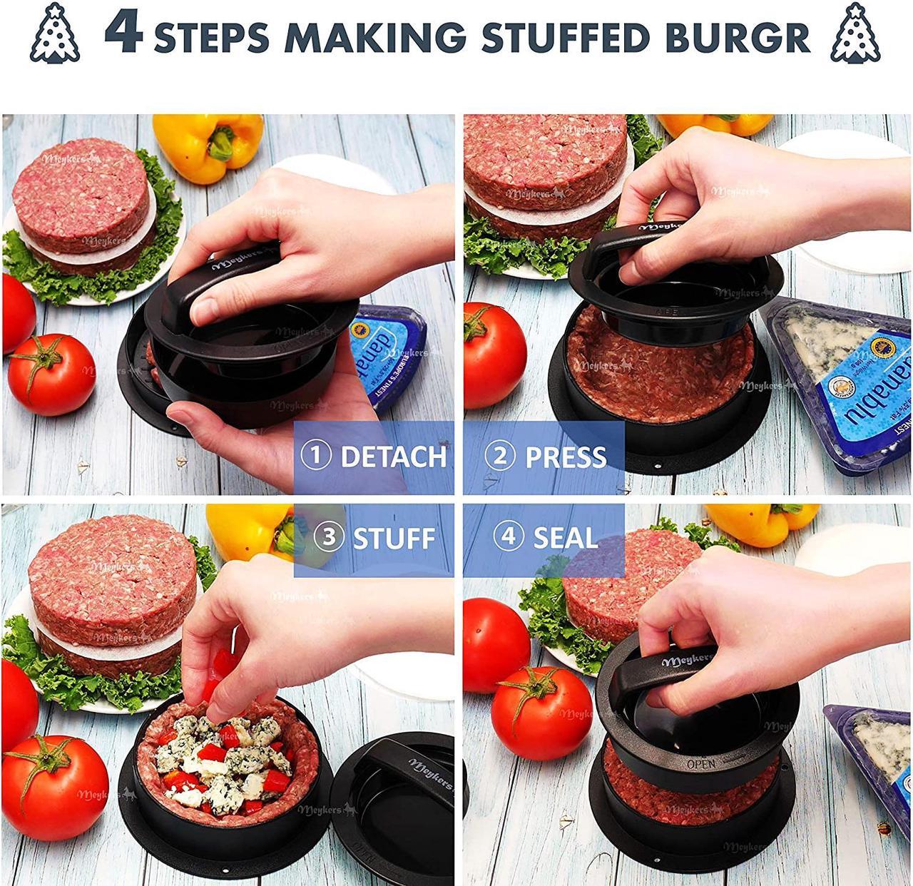 Alt view image 5 of 6 - Meykers Stuffed Burger Press with 100 Wax Papers - Hamburger Press Patty Maker Burger Stuffer Mold 3 in 1 for Making Slider or Quarter Lb or 1/3 Pound Cheeseburger - Best BBQ Grill Griddle Gift Idea