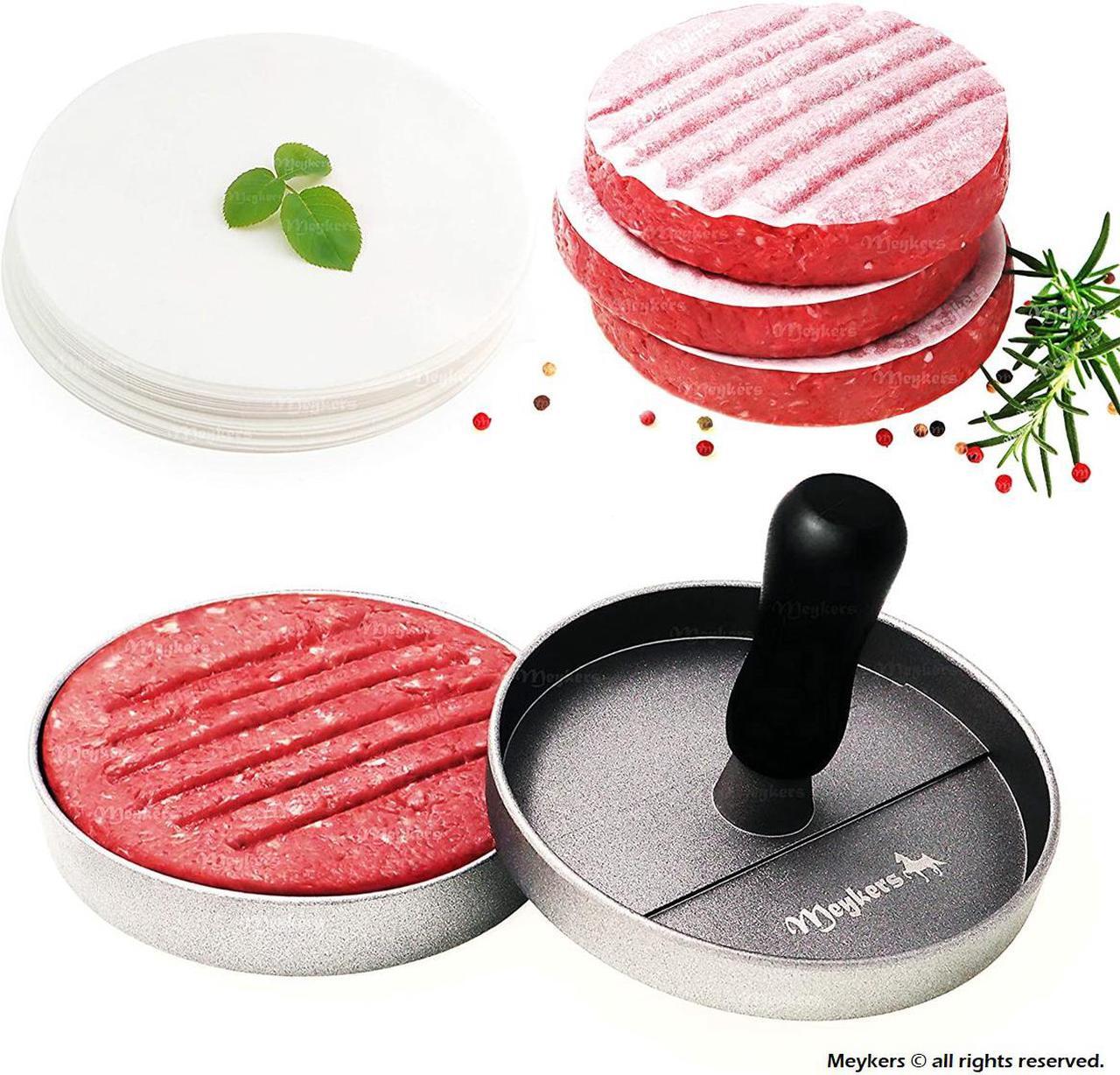 Main image of Meykers Burger Press 100 Patty Papers Set - Hamburger Press Patty Maker Non-Stick Mold with Wax Patty Paper Sheets for Making Quarter Lb or 1/3 Pound burger - Best BBQ Grill Griddle Gift Idea