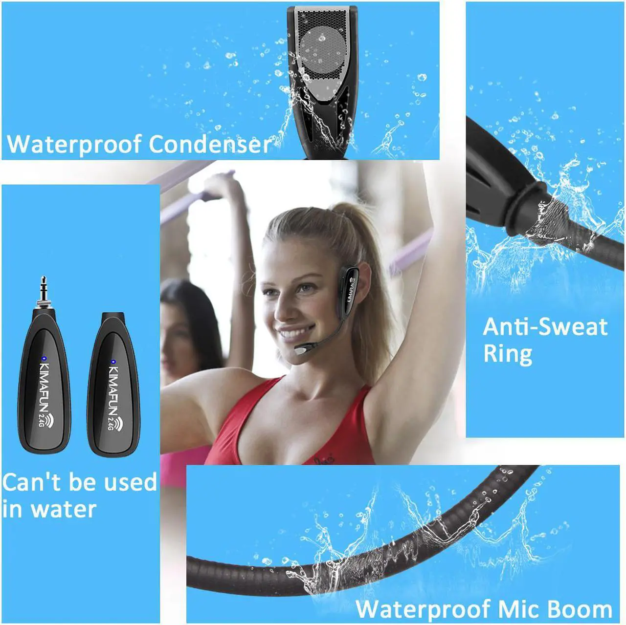 Alt view image 5 of 7 - Fitness Wireless Microphone, KIMAFUN 2.4G Wireless Waterproof Headset Microphone with Transmitter and 3.5mm Receiver, For Fitness Instructor, Spinning, Yoga, Smartphone, Speaker, G100-1
