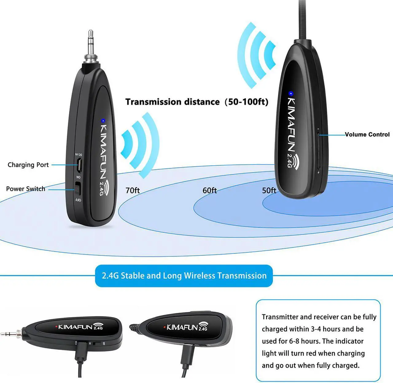 Alt view image 2 of 7 - Fitness Wireless Microphone, KIMAFUN 2.4G Wireless Waterproof Headset Microphone with Transmitter and 3.5mm Receiver, For Fitness Instructor, Spinning, Yoga, Smartphone, Speaker, G100-1
