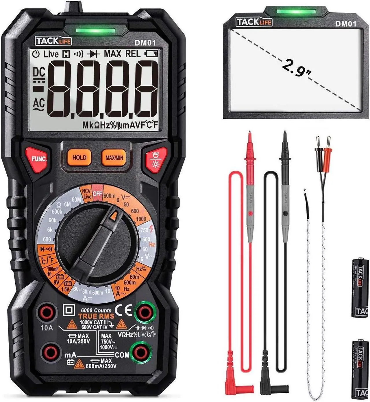 Main image of TACKLIFE Digital Multimeter TRMS 6000 Counts LED Intelligent Indicator Jack Manual Ranging Measuring AC/DC Voltage AC/DC current Resistance Capacitance Frequency Duty Diode Continuity Test DM01