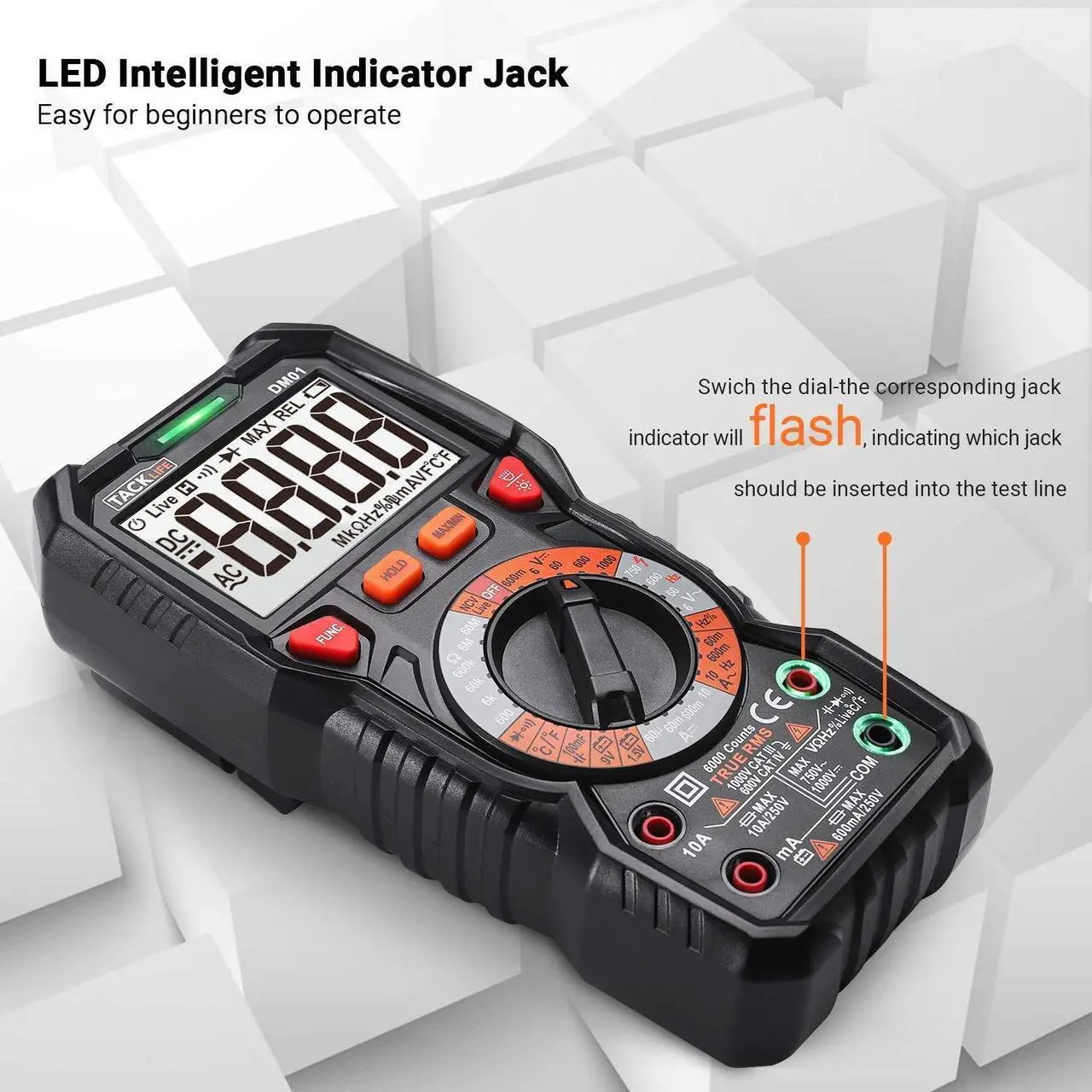 Alt view image 2 of 7 - TACKLIFE Digital Multimeter TRMS 6000 Counts LED Intelligent Indicator Jack Manual Ranging Measuring AC/DC Voltage AC/DC current Resistance Capacitance Frequency Duty Diode Continuity Test DM01