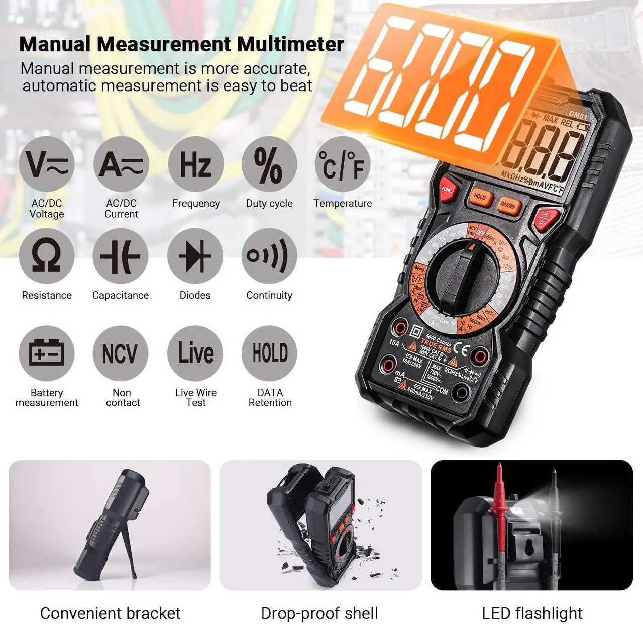 Alt view image 3 of 7 - TACKLIFE Digital Multimeter TRMS 6000 Counts LED Intelligent Indicator Jack Manual Ranging Measuring AC/DC Voltage AC/DC current Resistance Capacitance Frequency Duty Diode Continuity Test DM01