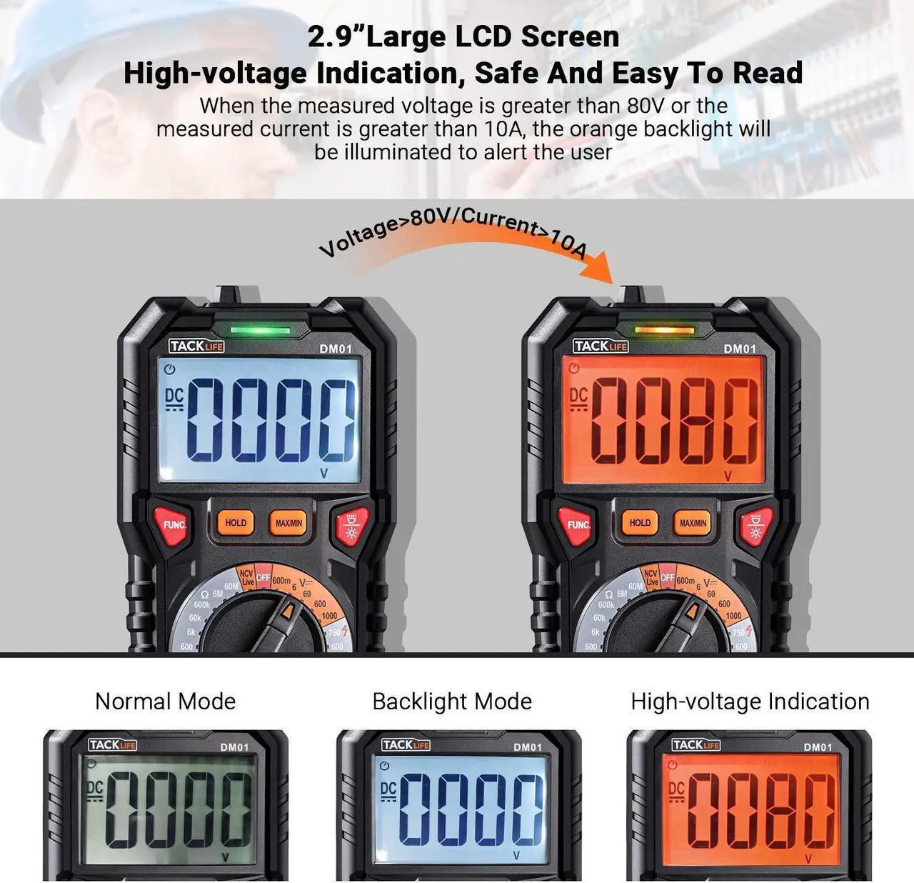 Alt view image 4 of 7 - TACKLIFE Digital Multimeter TRMS 6000 Counts LED Intelligent Indicator Jack Manual Ranging Measuring AC/DC Voltage AC/DC current Resistance Capacitance Frequency Duty Diode Continuity Test DM01