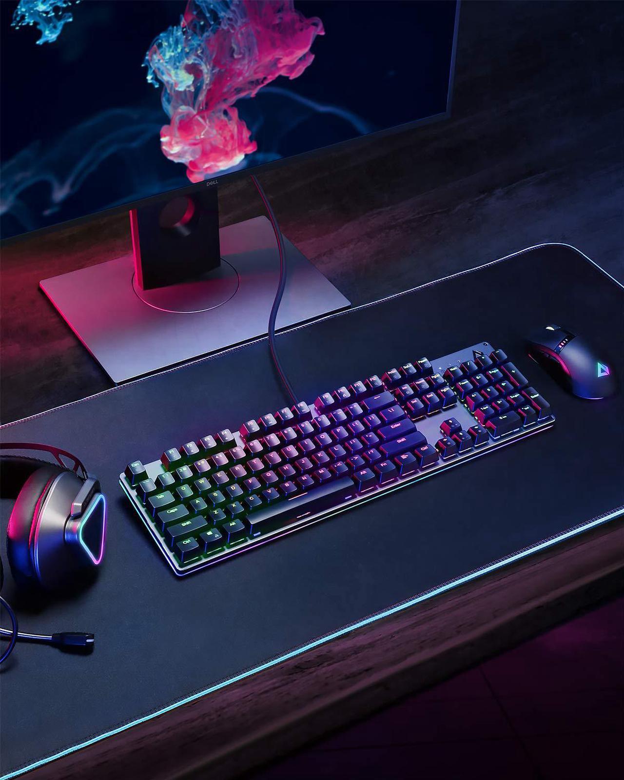 Alt view image 7 of 6 - AUKEY Mechanical Gaming Keyboard with Customizable RGB Backlight, Tactile & Clicky Blue Switches, 104-Key Anti-Ghosting Wired Keyboard with Surround Lighting, Steel Body for PC and Laptop KM-G12