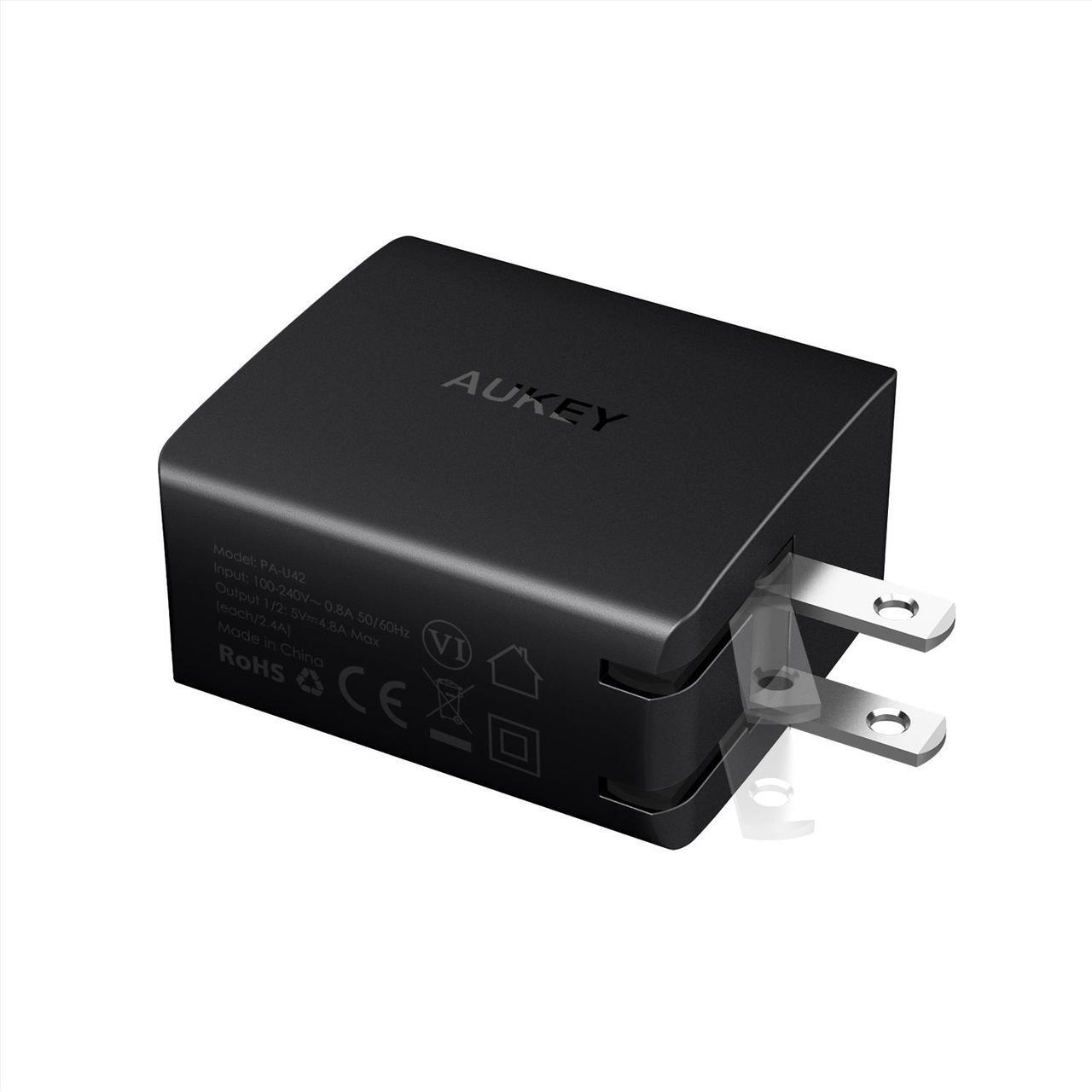 Alt view image 3 of 7 - AUKEY Wall Charger Ultra Compact Dual Port 4.8A Output Fast Charging Foldable Plug USB Charger PA-U42