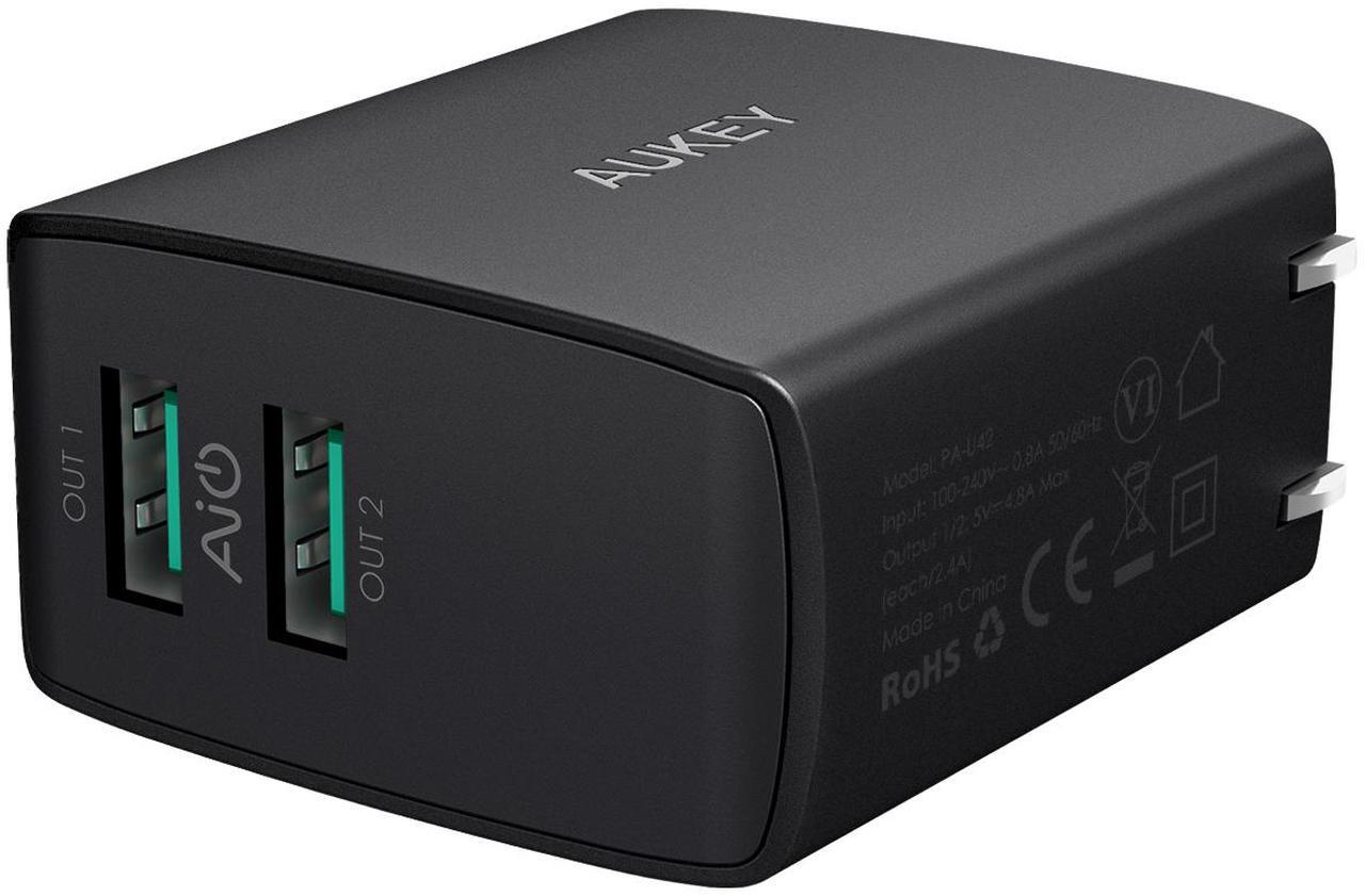 Alt view image 4 of 7 - AUKEY Wall Charger Ultra Compact Dual Port 4.8A Output Fast Charging Foldable Plug USB Charger PA-U42