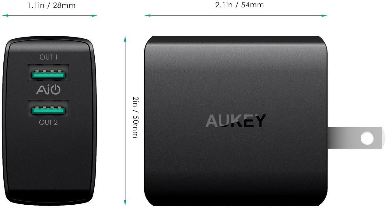 Alt view image 2 of 7 - AUKEY Wall Charger Ultra Compact Dual Port 4.8A Output Fast Charging Foldable Plug USB Charger PA-U42