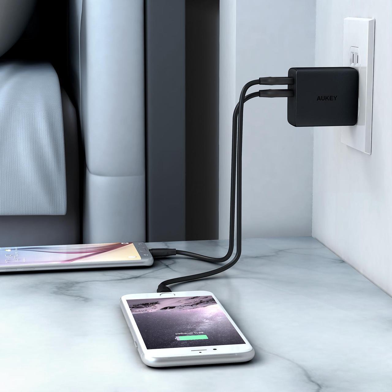 Alt view image 6 of 7 - AUKEY Wall Charger Ultra Compact Dual Port 4.8A Output Fast Charging Foldable Plug USB Charger PA-U42