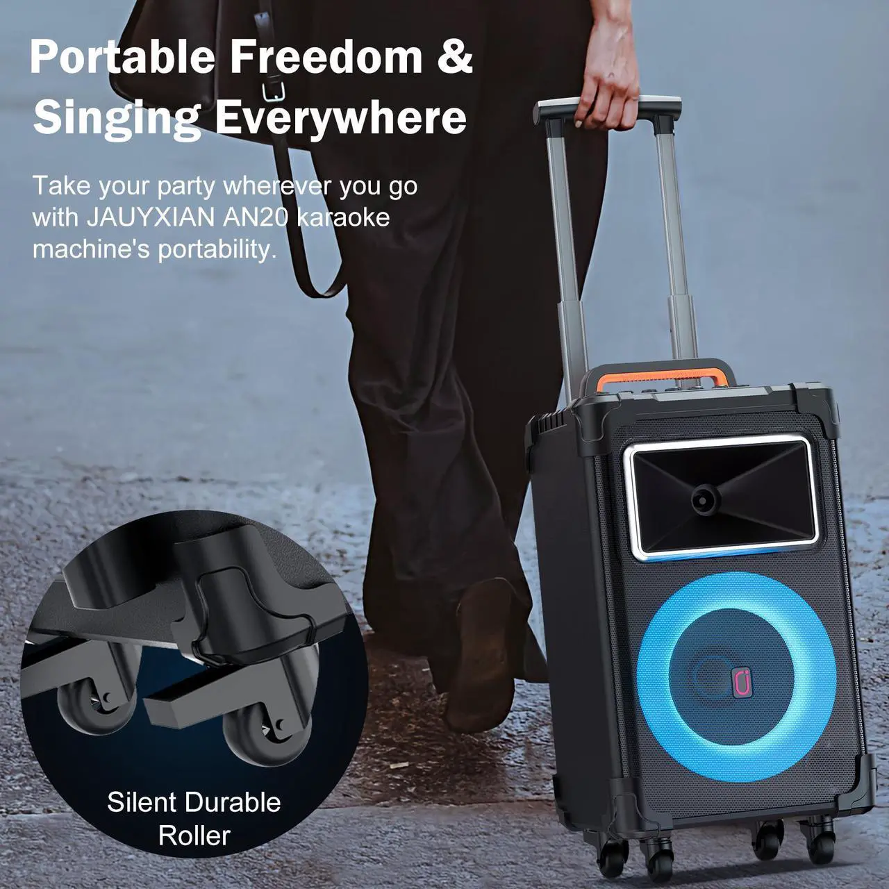 Alt view image 3 of 7 - JYX Karaoke Machine with 2 Microphones, Large Bluetooth Speaker with Mic and Wheels for Outdoor Party, Home Karaoke Speaker PA System with LED Light, AN20