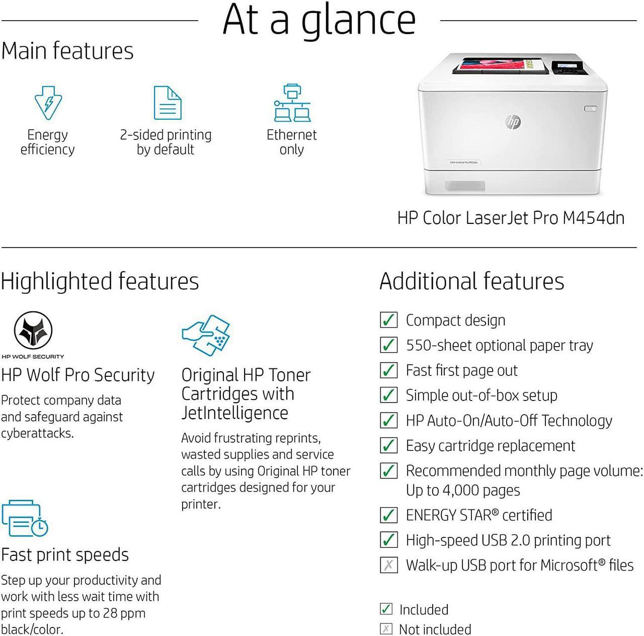 Alt view image 2 of 7 - HP Color Laserjet Pro M454dn Laser Printer, Automatic 2-Sided Printing, Auto-On/Auto-Off Technology, 2-line LCD Display, 28 ppm, 250-Sheet, 256 MB, Bundle with JAWFOAL Printer Cable