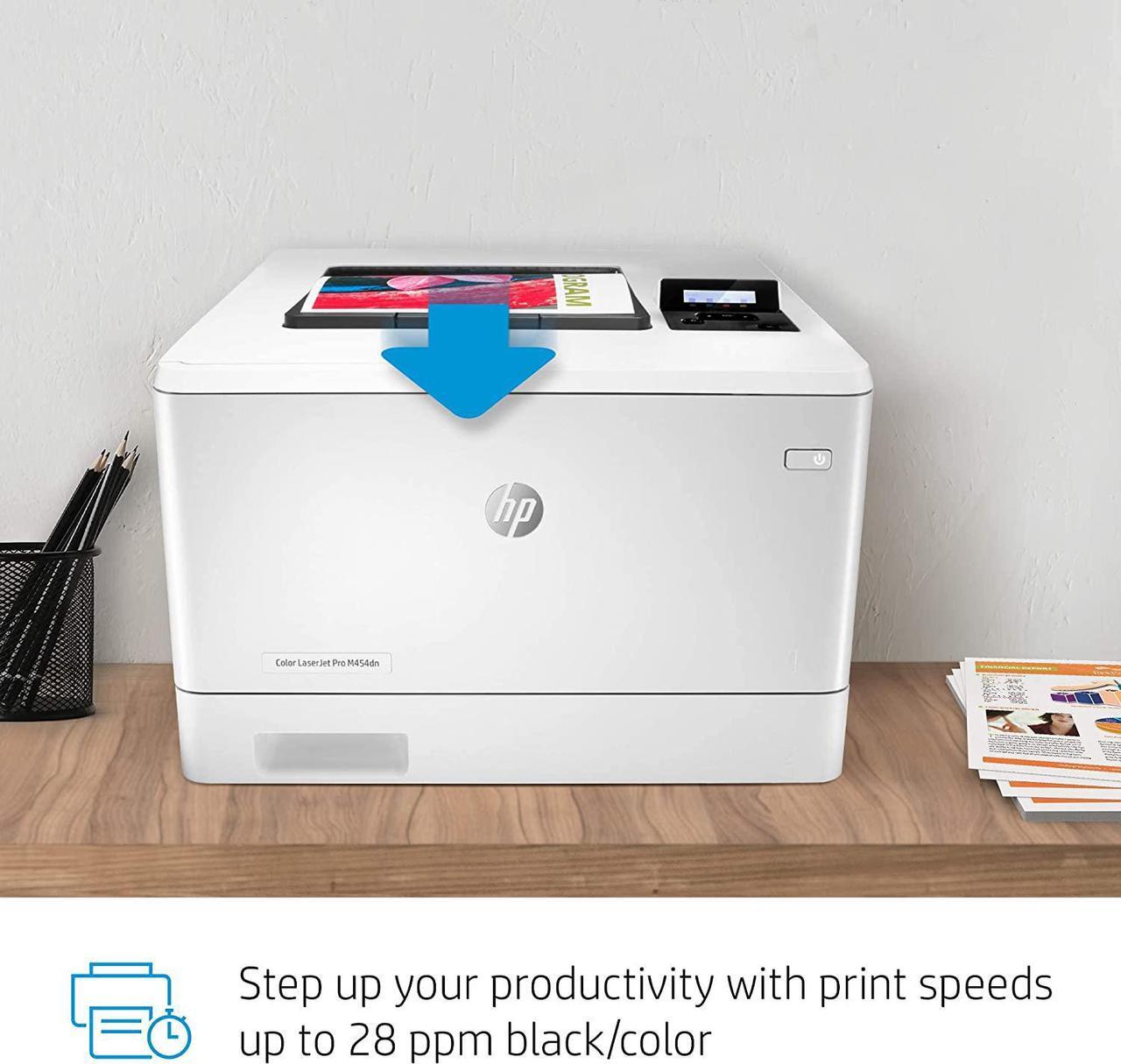 Alt view image 5 of 7 - HP Color Laserjet Pro M454dn Laser Printer, Automatic 2-Sided Printing, Auto-On/Auto-Off Technology, 2-line LCD Display, 28 ppm, 250-Sheet, 256 MB, Bundle with JAWFOAL Printer Cable