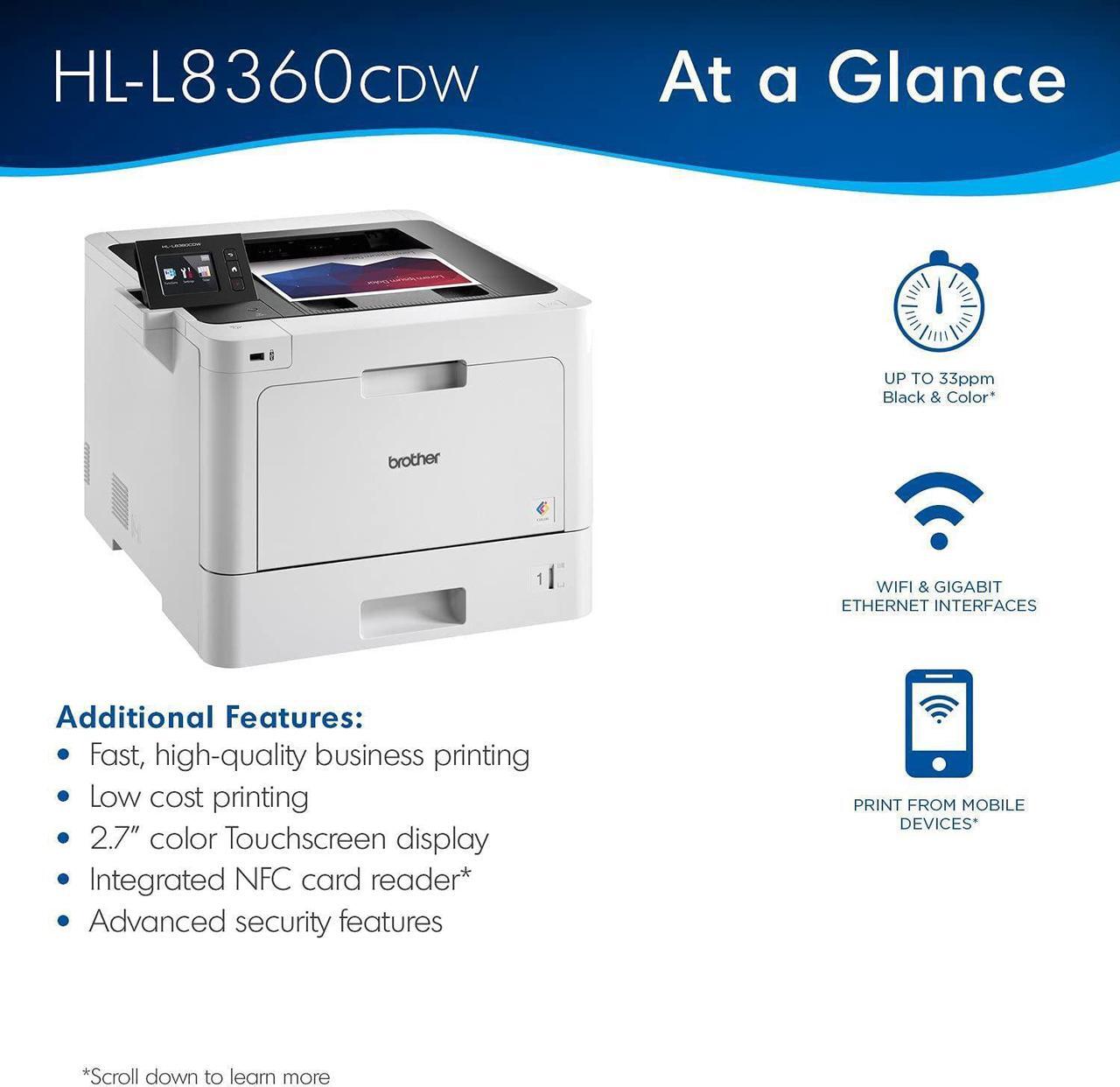 Alt view image 2 of 7 - Brother Business Color Laser Printer, HL-L8360CDW, Wireless Networking, 31 ppm, 600 x 2400 dpi, 8.5 x 14, 2.7" Touchscreen LCD, Auto 2-Sided Printing, JAWFOAL Printer Cable